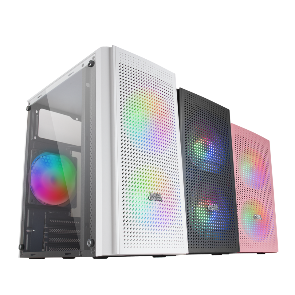 Boîtier PC MARS GAMING Boîtier Gaming Compact Micro-ATX MC-400 Blanc Verre  trempé 3 Ventilateurs FRGB 120mm Panneau Latéral Mesh