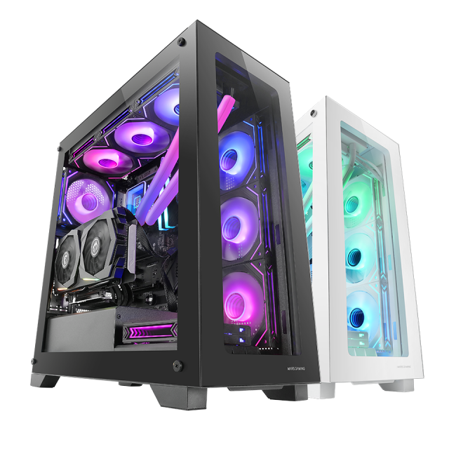 black custom gaming pc computer with glass windows and colorful