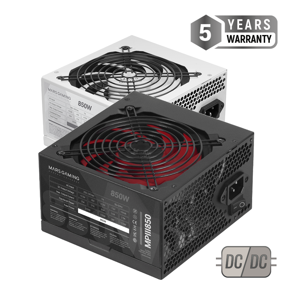 Mars Gaming MPII850, Alimentation PC 850W ATX, Ventilateur 12cm